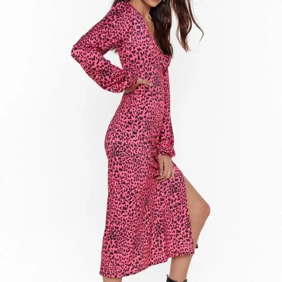 Nasty Gal Animal Instincts Leopard Print Puff Balloon Stretch Midi Dress 2 - Picture 3 of 10